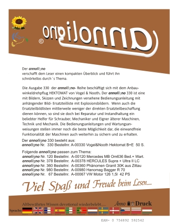 Vogel & Nooth Anbau- Winkeldrehpflug Typ HEKTOMAT Bild- Bedienungsanleitung & Bild- Ersatzteilliste & Explosionszeichnungen  - annoligno 330